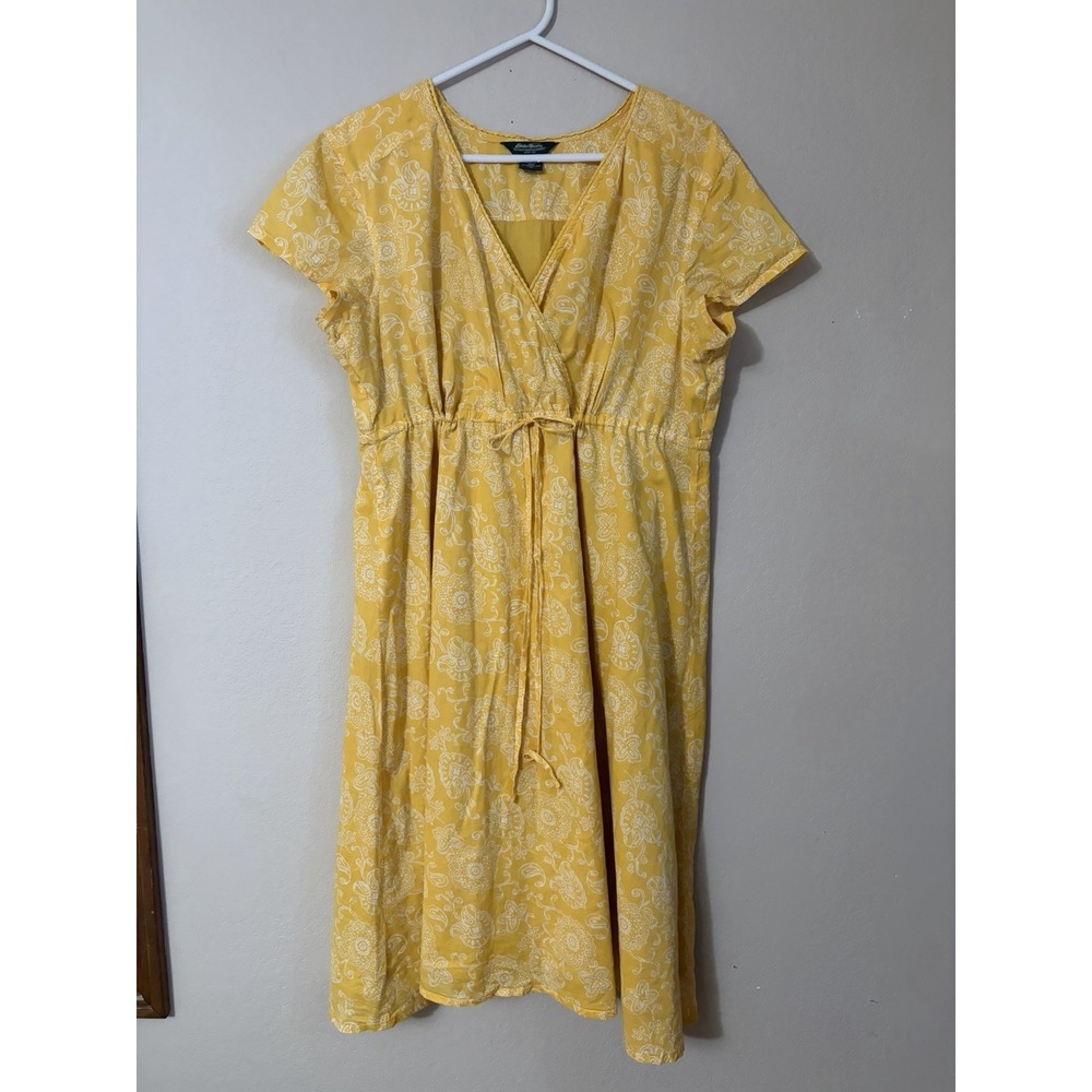 Women's Eddie Bauer Yellow White Paisley Print V-Neck Drawstring Waist‎ Dress